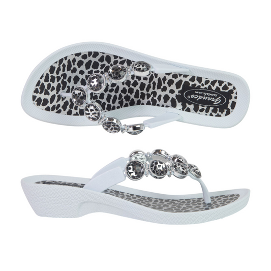 Grandco Leopard Crystal Bling Jandals - White